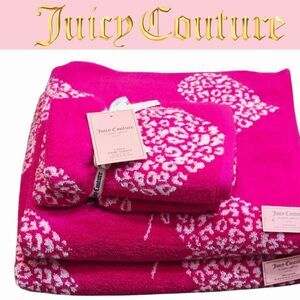 Juicy Couture Home Script Logo Leopard Heart Plush Bath & Hand Towel Set